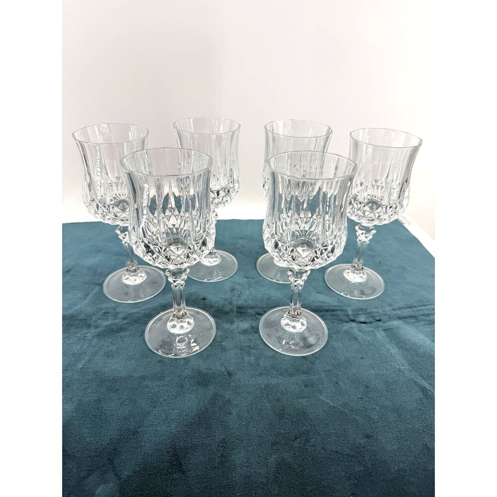 Crystal Cut Glass Wine Goblets Set of 6 Clear Stemmed Glasses Diamond 7 Inch